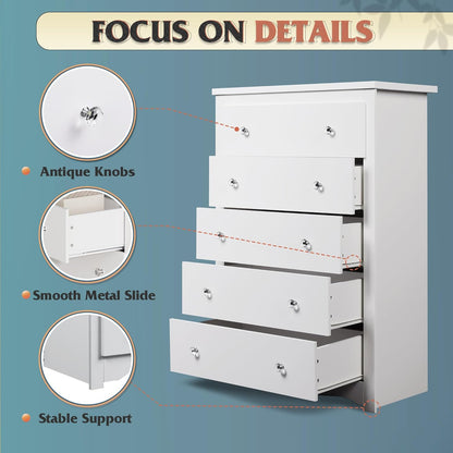 White 5 Drawer Wood Dresser, Wooden Chest of Drawers for Bedroom, Storage Cabinet and Organizer Drawers for Living Room, Hallway, Closet, Measuring 15.75" W*31.50" D*45.35" H