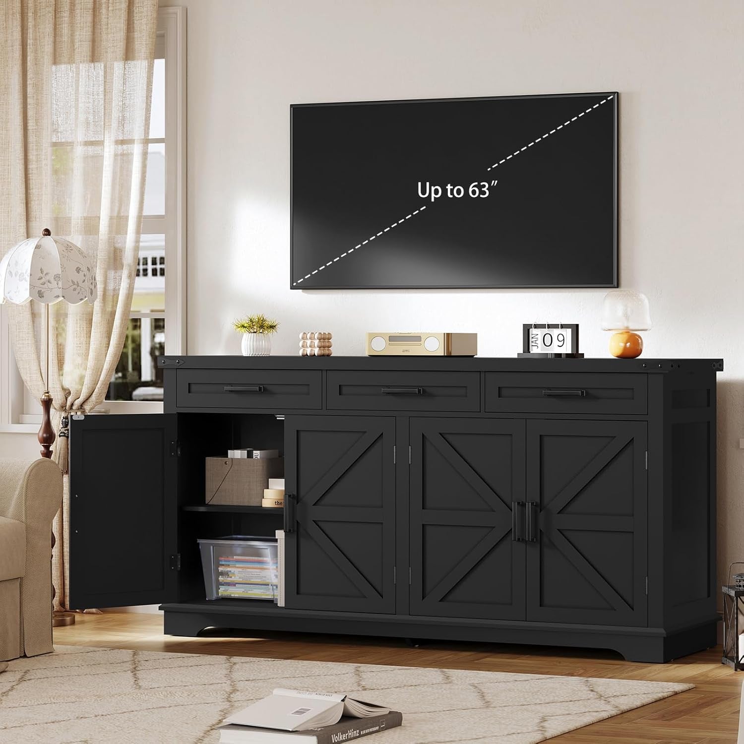 Buffet Cabinet, 63” Large Sideboard Buffet Storage Cabinet with 3 Drawers, Farmhouse Coffee Bar with 4 Doors, for Kitchen, Living Room, Black