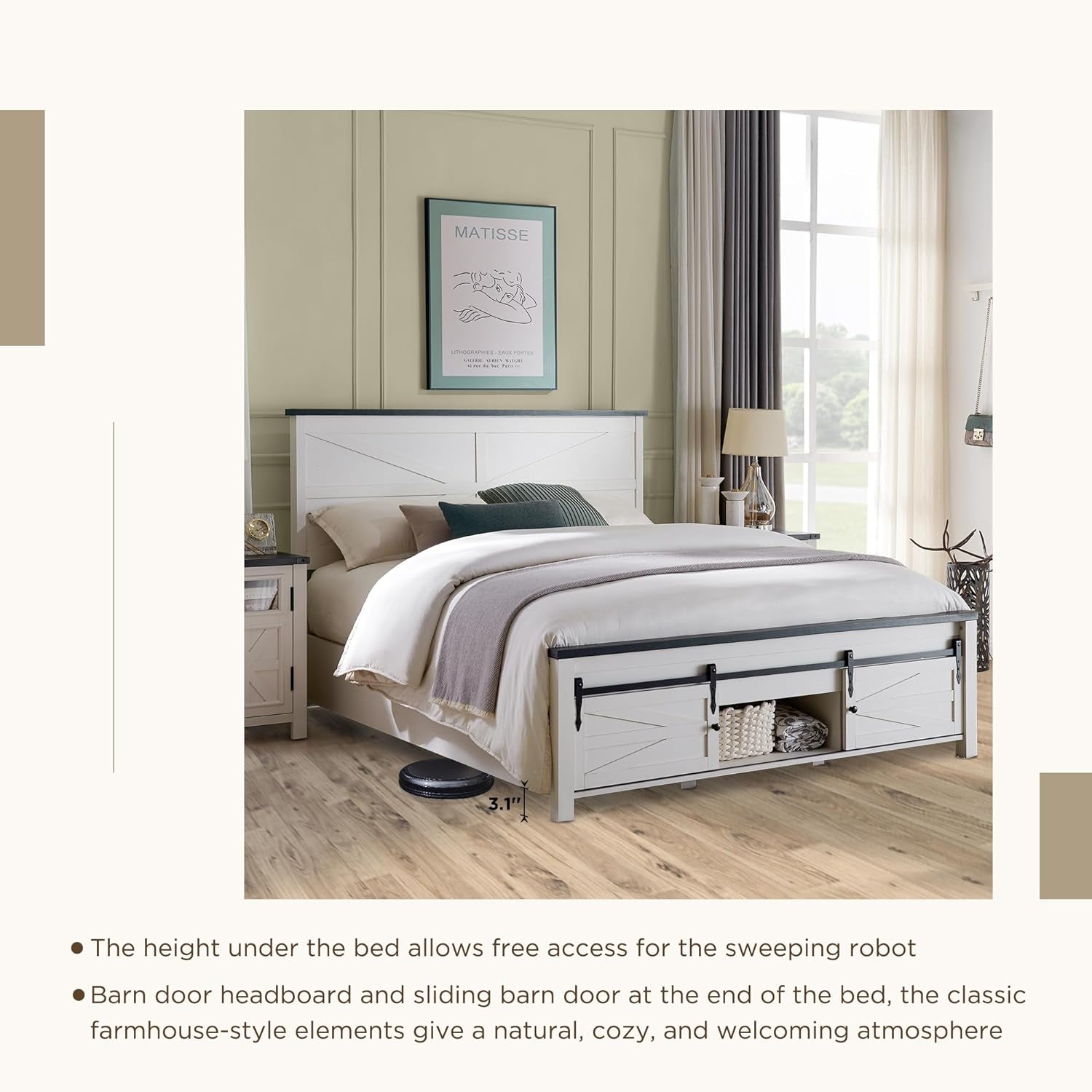 Farmhouse Wood Bed Frame Queen Size with Sliding Barn Door Storage Cabinets and Headboard, Solid Wood Slats Support, Noiseless, No Box Spring Needed, Antique White