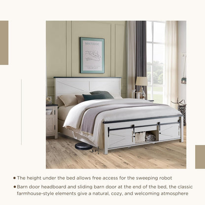 Farmhouse Wood Bed Frame Queen Size with Sliding Barn Door Storage Cabinets and Headboard, Solid Wood Slats Support, Noiseless, No Box Spring Needed, Antique White