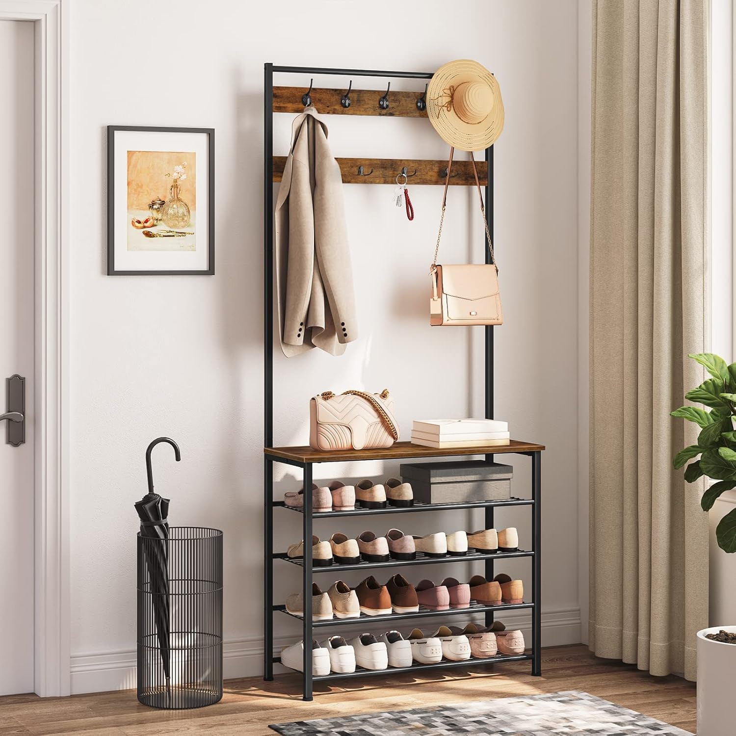 Hall Tree, Coat Rack with Shoe Rack, Hall Tree with Bench, 5 Tier Shoe Storage Organizer with 9 Hooks for Entryway, Closet, Sturdy, Industrial, Rustic Brown and Black BF80MT01G2