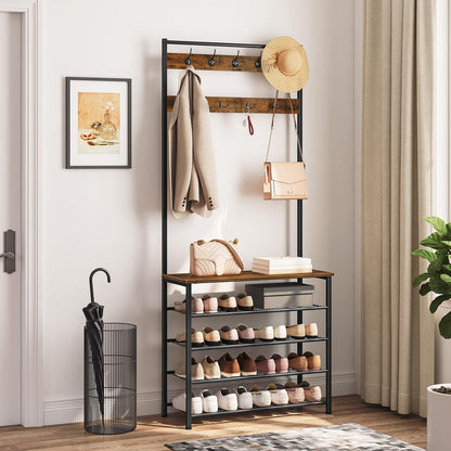 Hall Tree, Coat Rack with Shoe Rack, Hall Tree with Bench, 5 Tier Shoe Storage Organizer with 9 Hooks for Entryway, Closet, Sturdy, Industrial, Rustic Brown and Black BF80MT01G2