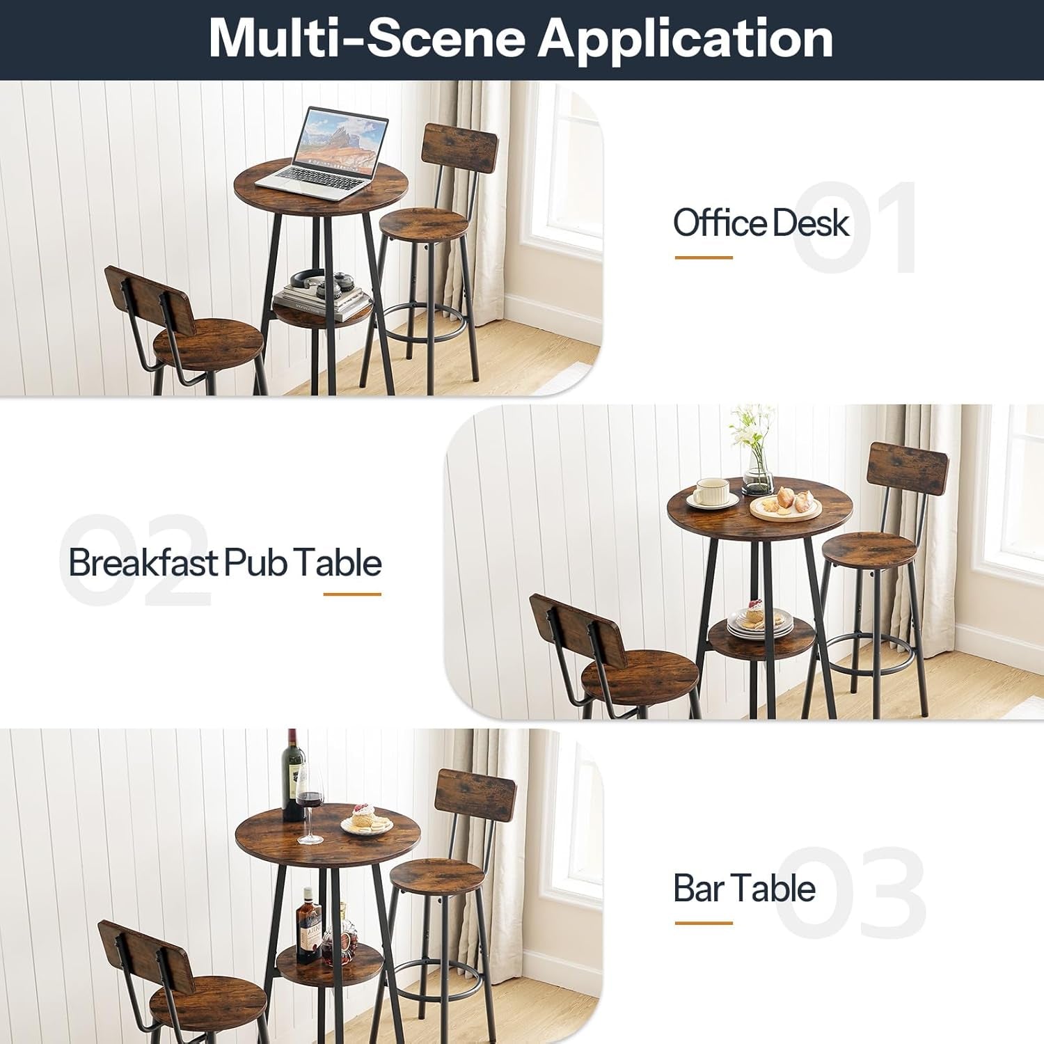 3 Pieces round Bar Height Table and Chairs Set, round Dining Table Set, Pub Table and Chairs for Small Space, 2 Tier Kitchen Table and Bar Stools with Back, Rustic Brown BF35BT01