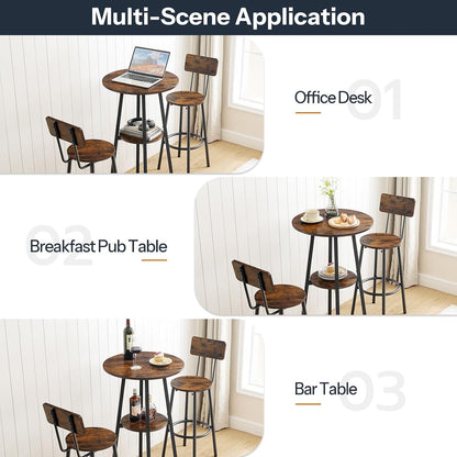 3 Pieces round Bar Height Table and Chairs Set, round Dining Table Set, Pub Table and Chairs for Small Space, 2 Tier Kitchen Table and Bar Stools with Back, Rustic Brown BF35BT01