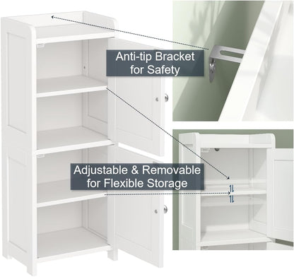 Small Bathroom Storage Cabinet, 30" Tall Freestanding Corner Floor Cabinet with 2 Doors & 5 Shelves (2 Adjustable), Narrow Toilet Paper Holder Organizer for Small Spaces, White