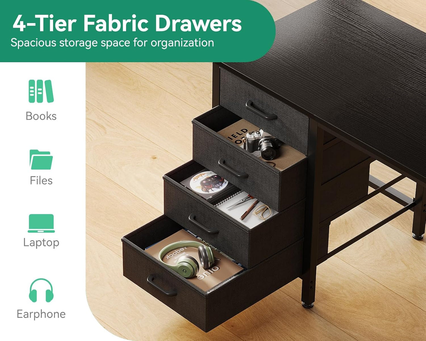 32-Inch Small Computer Desk with 4 Fabric Drawers — Home Office Desks with Storage, Writing Desk with Side Hook and Cloth Bag, Modern Study/Work Table for Bedroom and Small Space, Black