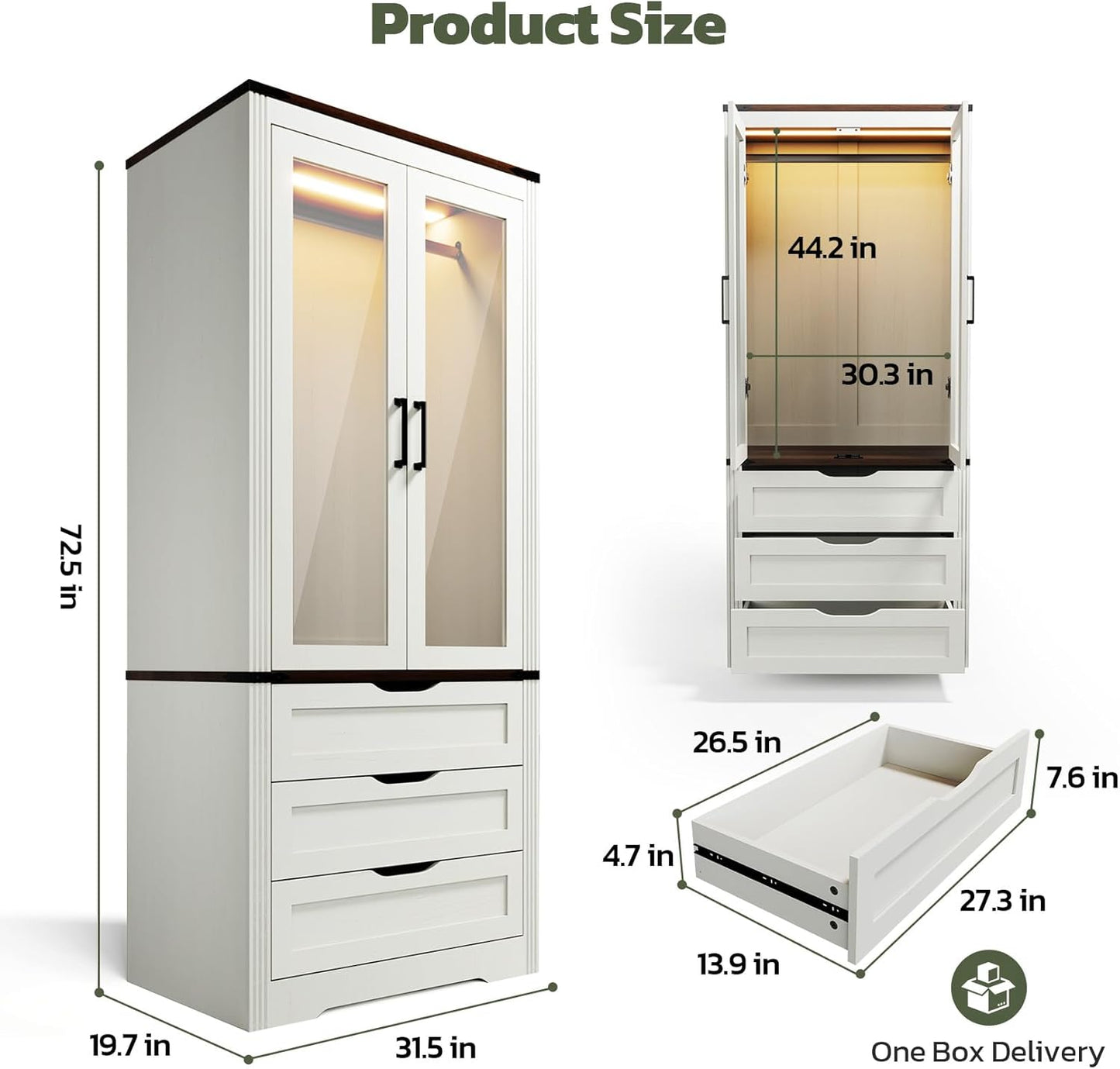 73'' Tall Farmhouse Armoire Wardrobe Closet with LED Light, Wood Wardrobe Closet with 2 Doors 3 Drawers, Freestanding Bedroom Armoire Clothing Storage Cabinet, Antique White