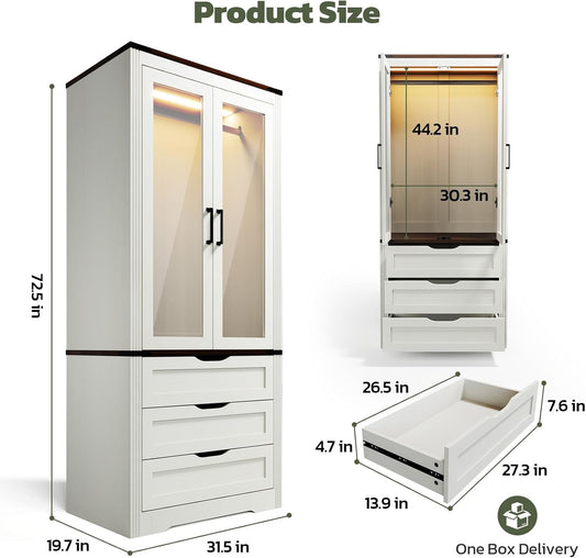 73'' Tall Farmhouse Armoire Wardrobe Closet with LED Light, Wood Wardrobe Closet with 2 Doors 3 Drawers, Freestanding Bedroom Armoire Clothing Storage Cabinet, Antique White