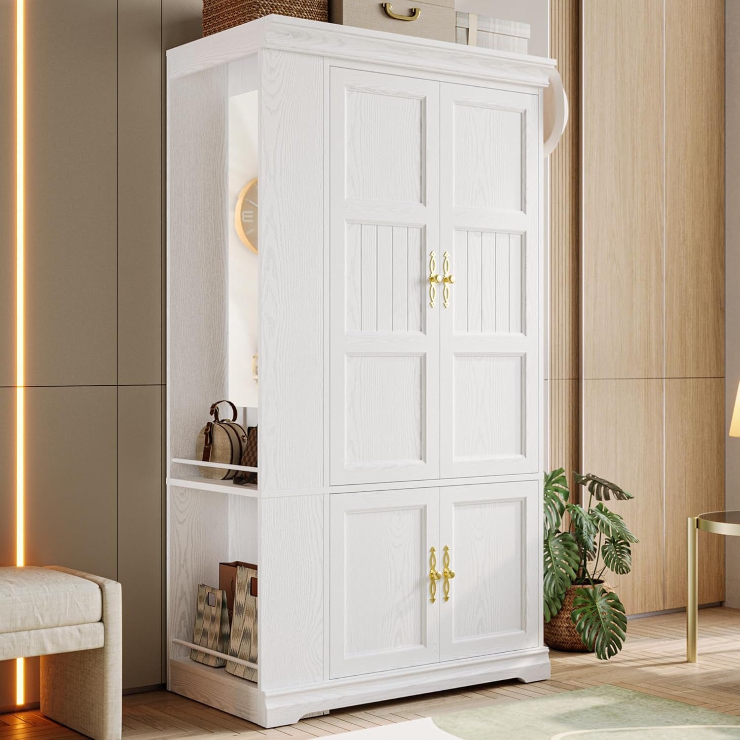 Armoire Wardrobe Closet with Mirror, 70” Wooden Wardrobe Cabinet with 4 Doors, 2 Open Storage Shelves, Freestanding Bedroom Armoire with 3 Hooks & Hanging Rod for Home Room, White