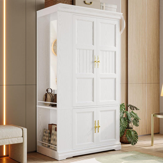 Armoire Wardrobe Closet with Mirror, 70” Wooden Wardrobe Cabinet with 4 Doors, 2 Open Storage Shelves, Freestanding Bedroom Armoire with 3 Hooks & Hanging Rod for Home Room, White
