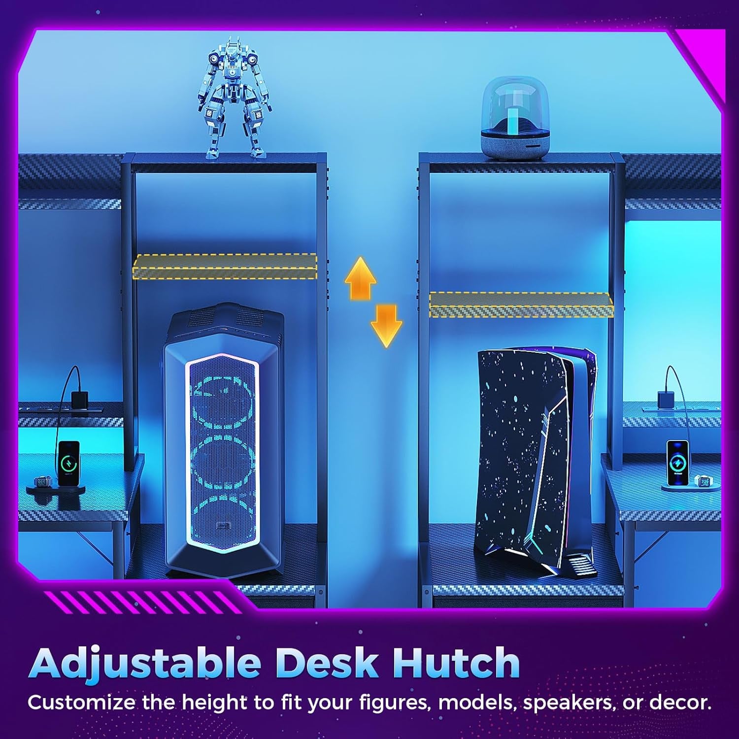 48 Inch Gaming Desk with Hutch & 3 Fabric Drawers, Computer Desk with USB Ports & LED Lights, Reversible Pc Gamer Table with Monitor Stand for Home Office, Carbon Fiber Black