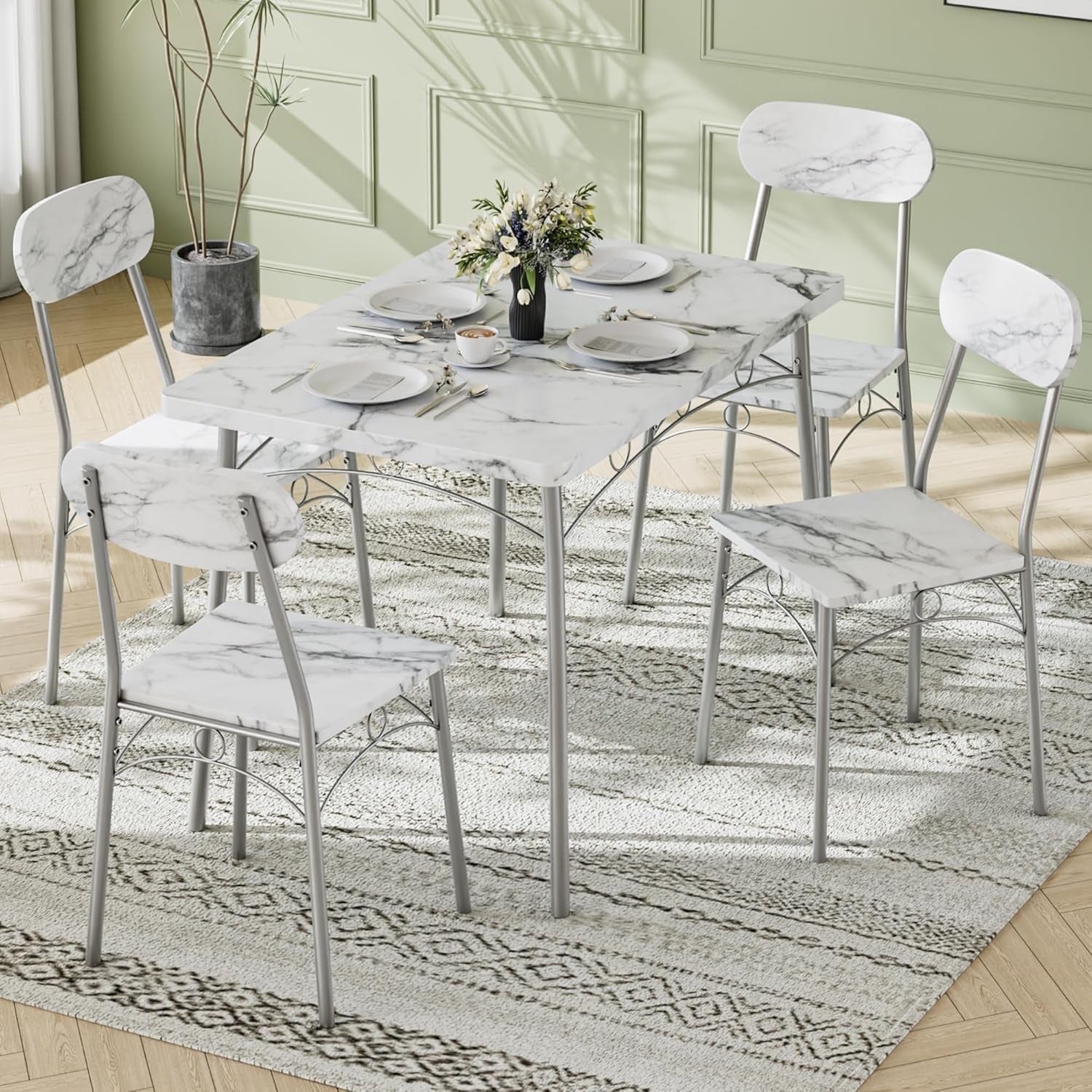 Dining Table Set for 4, 5-Piece Kitchen Table with 4 Chairs, MDF Board Tabletop with Metal Frame for Small Space, Compact Dinette, Breakfast Nook, White