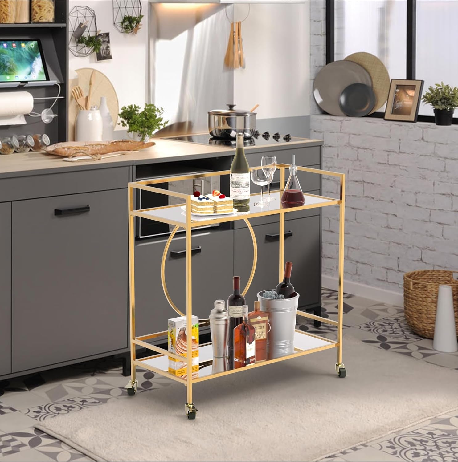 Gold Bar Cart, Modern Wine Cart with Wheels, Home Bar Serving Carts with 2 Tier Mirrored Shelves, Wine Bar Carts for the Home, Dining Room, Kitchen