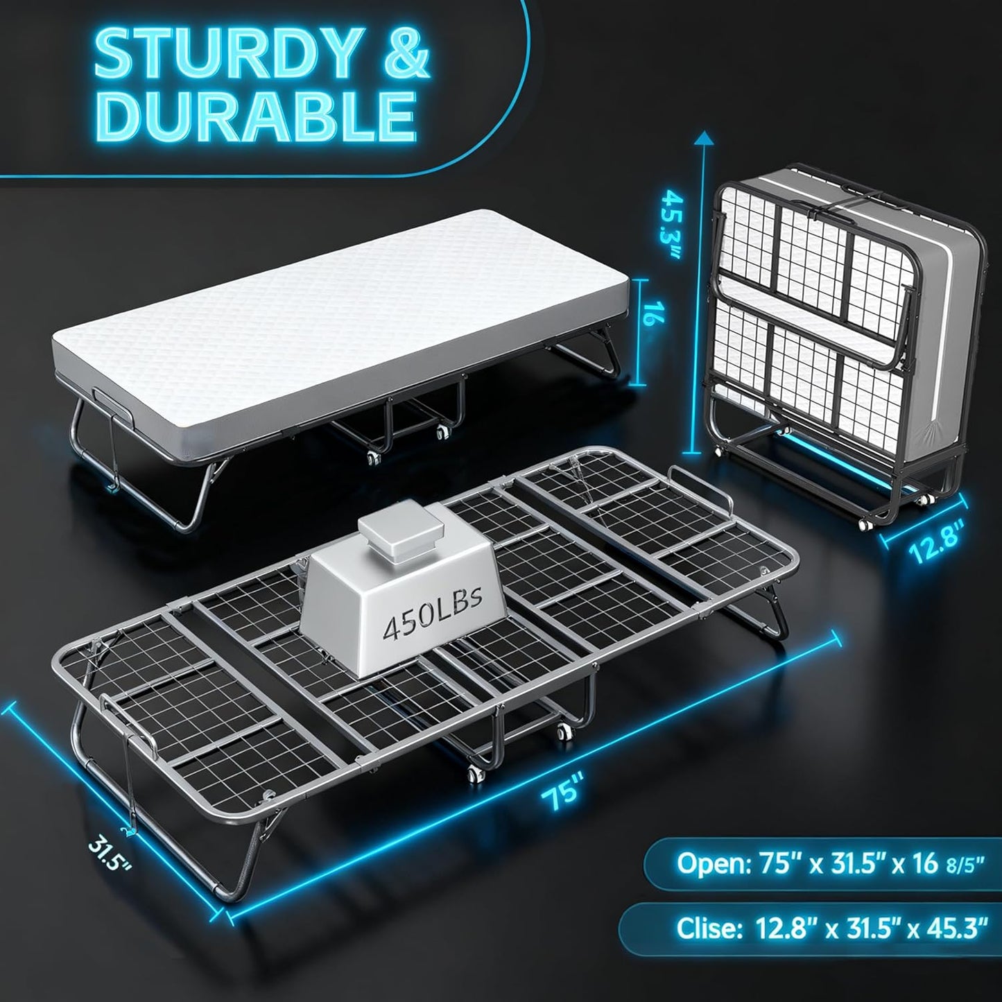 Folding Bed with Mattress, Twin Foldable Bed, Roll Away Beds for Adults, 75" X 31" Roll Away Portable Beds with 5" Mattress, Folded Frame for Small Apartment, Guest Room