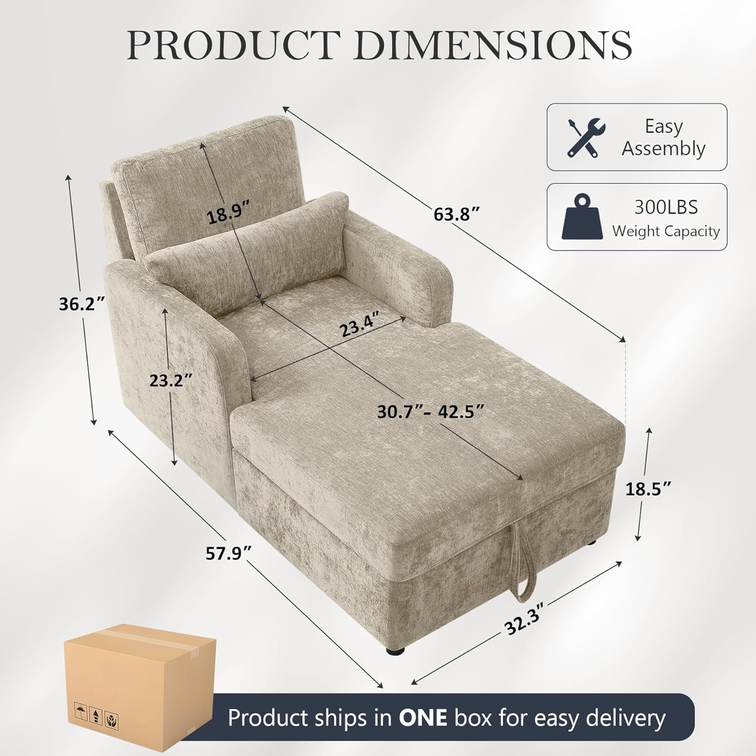 Chaise Lounge Chair Indoor with 2-Position Adjustable Backrest, Chenille Lounge Sofa Chairs with Storage Space & 2 Pillows, Modern Upholstered Reading Chair for Living Room, Bedroom, Office