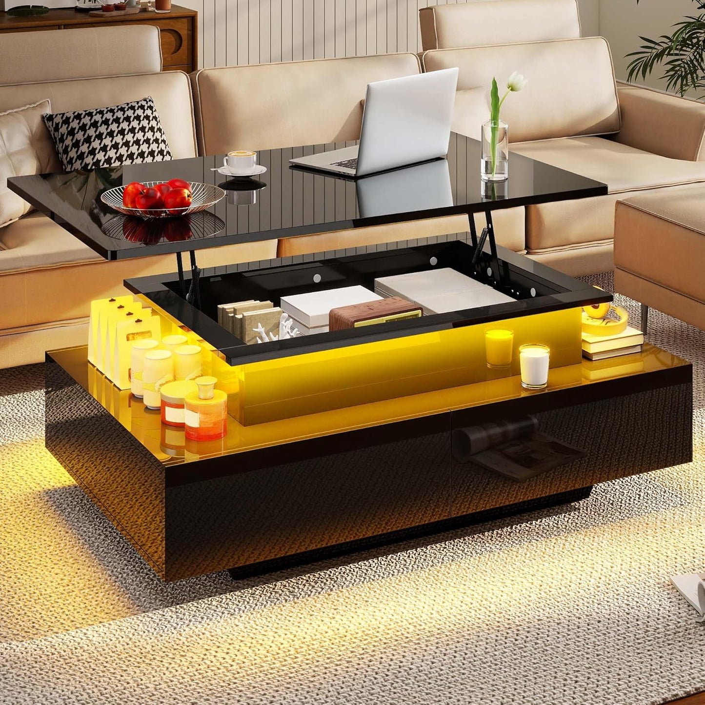 LED Lift Top Coffee Tables for Living Room, Rectangular Coffee Table with 4 Spacious Drawers, Modern Center Table with Lifting Top for Home Decor, Black
