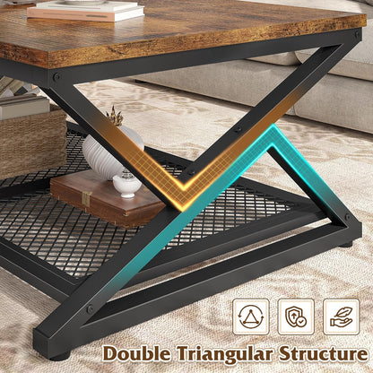 Coffee Table with Storage, Modern Coffee Tables for Living Room with Mesh Shelf, 2 Tier Rectangular Center Table for Living Room, Bedroom, 39.4 Inch, Rustic Brown