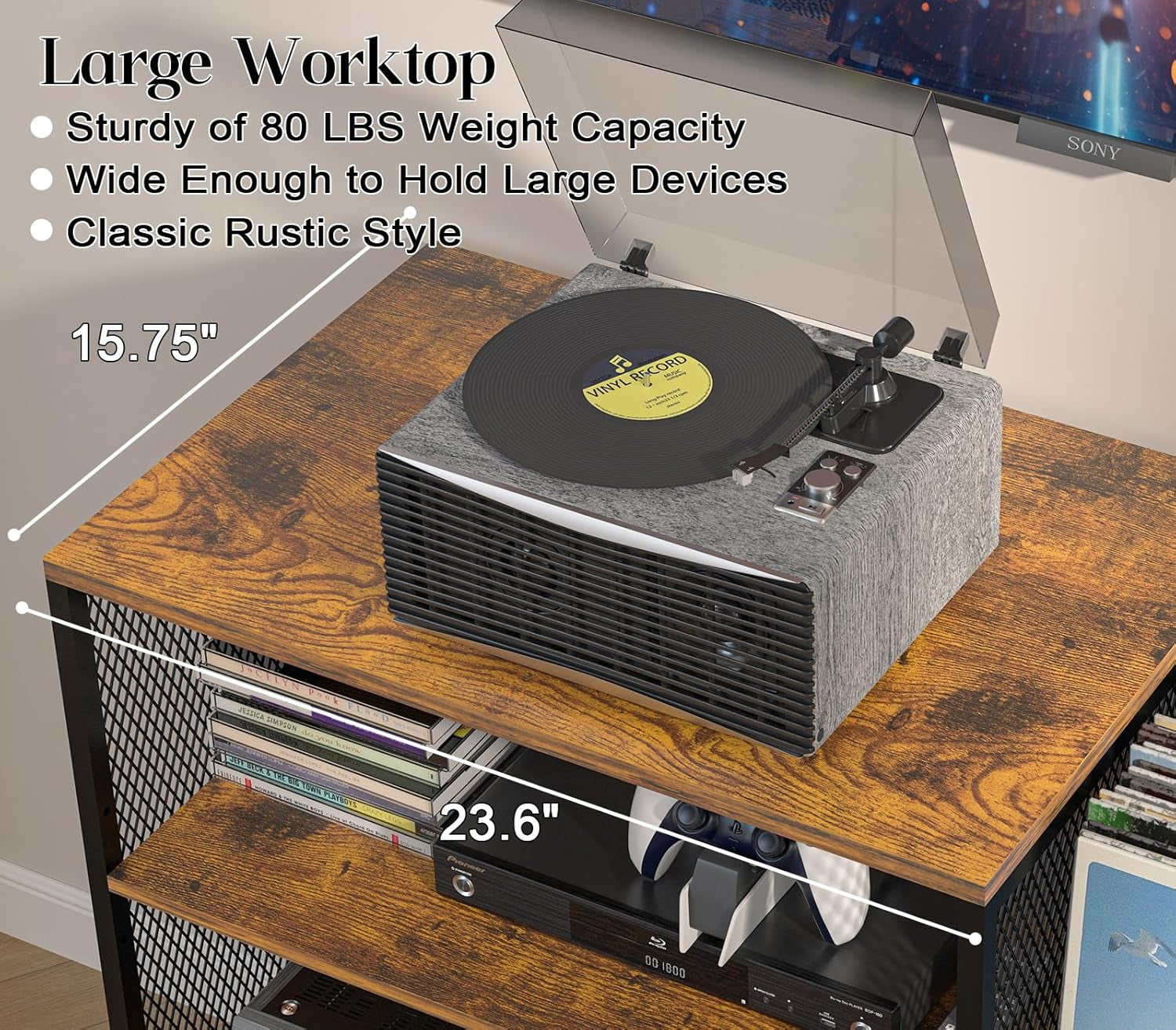 Large Record Player Stand Table with Vinyl Record Holder up to 150PCS, AV Media Stand Stereo Cabinet Shelf Rack Tower with Storage, Sturdy, Adjustable Feet, Rustic, Large Capacity