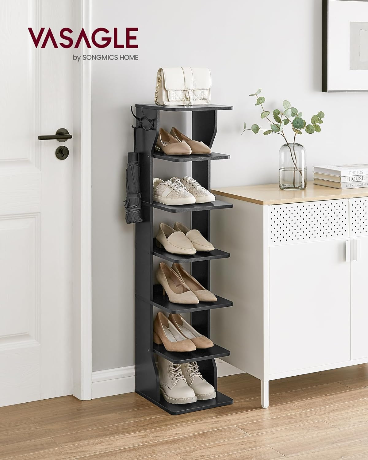 7-Tier Vertical Shoe Rack, Narrow Shoe Storage Organizer with Hooks, Slim Corner Shoe Tower Rack, Space Saving for Entryway and Bedroom, Black ULBS200T16
