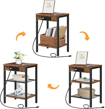 Side Table with Charging Station and USB Port, Small End Table for Small Space, 3-Tier Nightstand with Adjustable Shelf, for Living Room, Bedroom and Balcony, Rustic Brown BF112BZ01