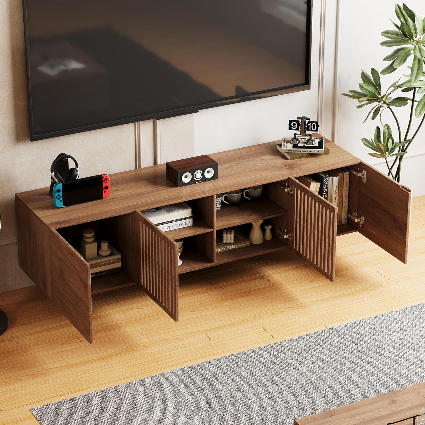 70.87“ Modern TV Cabinet for 70-Inch TV, TV Table with Large Storage Space, TV Cabinet Media Console for Living Room and Bedroom, Walnut Color