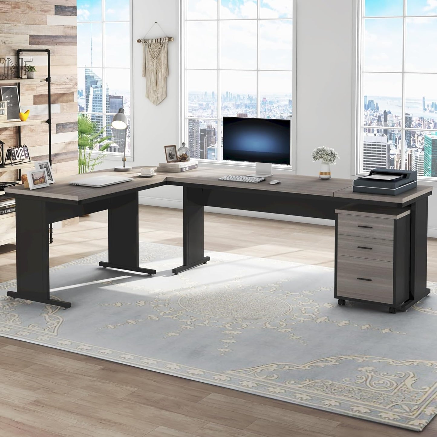 83" L-Shaped Executive Desk, Large Office Desk with Drawes, Industrial Corner Computer Table with File Cabinet, Business Workstation for Home Office (Gray, 83")
