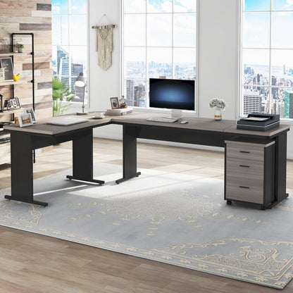 83" L-Shaped Executive Desk, Large Office Desk with Drawes, Industrial Corner Computer Table with File Cabinet, Business Workstation for Home Office (Gray, 83")