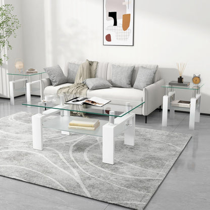 Glass Coffee Table and End Table Set of 3, Modern Living Room Table Set with Tempered Glass & Metal Frame, Double-Layer Side Tables (Clear Glass + White Leg, Set of 3)
