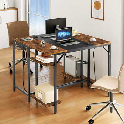 Computer Desk, Home Office Desk with Power Outlet, Writing Desk with 2 Shelves, Modern Small Desk for Home Office, Study, Easy to Assemble, Rustic Brown and Black BF43UDN01