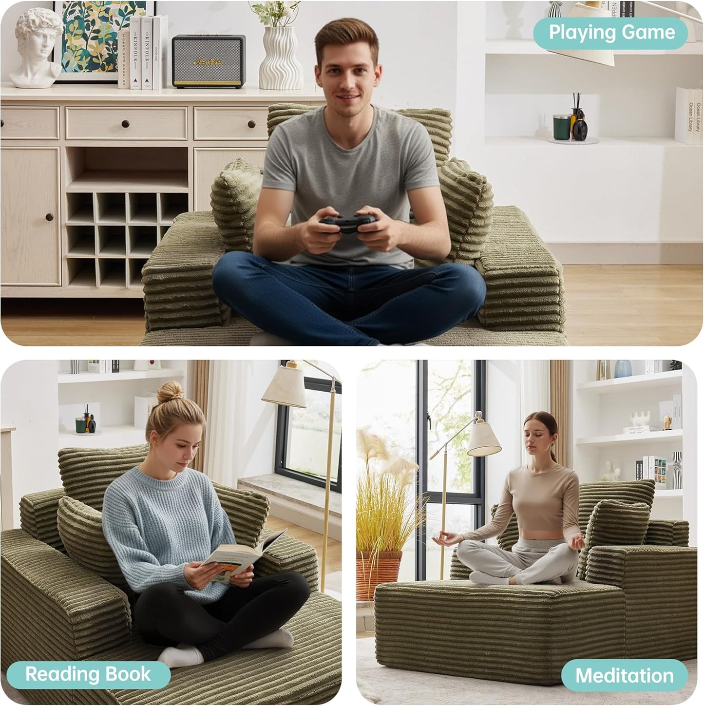 43"W Chaise Lounge Sofa Chair Indoor, Small Boneless Couches for Small Spaces, Fluffy Comfy Cloud Sofa in a Box, Compression Foam Sleeper Sofa for Living Room&Apartment, Plush Corduroy (Green)