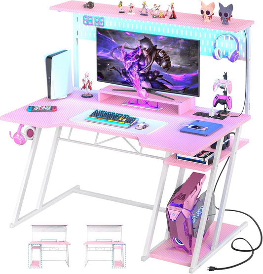 Gaming Computer Desk with Power Outlets, Gaming Desk with Hutch and LED Lights, Reversible PC Gaming Desk with Pegboard, Carbon Fiber Pink, 47"