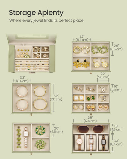 6-Layer Jewelry Box Organizer with 5 Drawers, Jewelry Storage Case with Lock and Mirror, Large Storage Capacity, Gift for Loved Ones, for Necklaces, Watches, Sage Green UJBC152CE01S