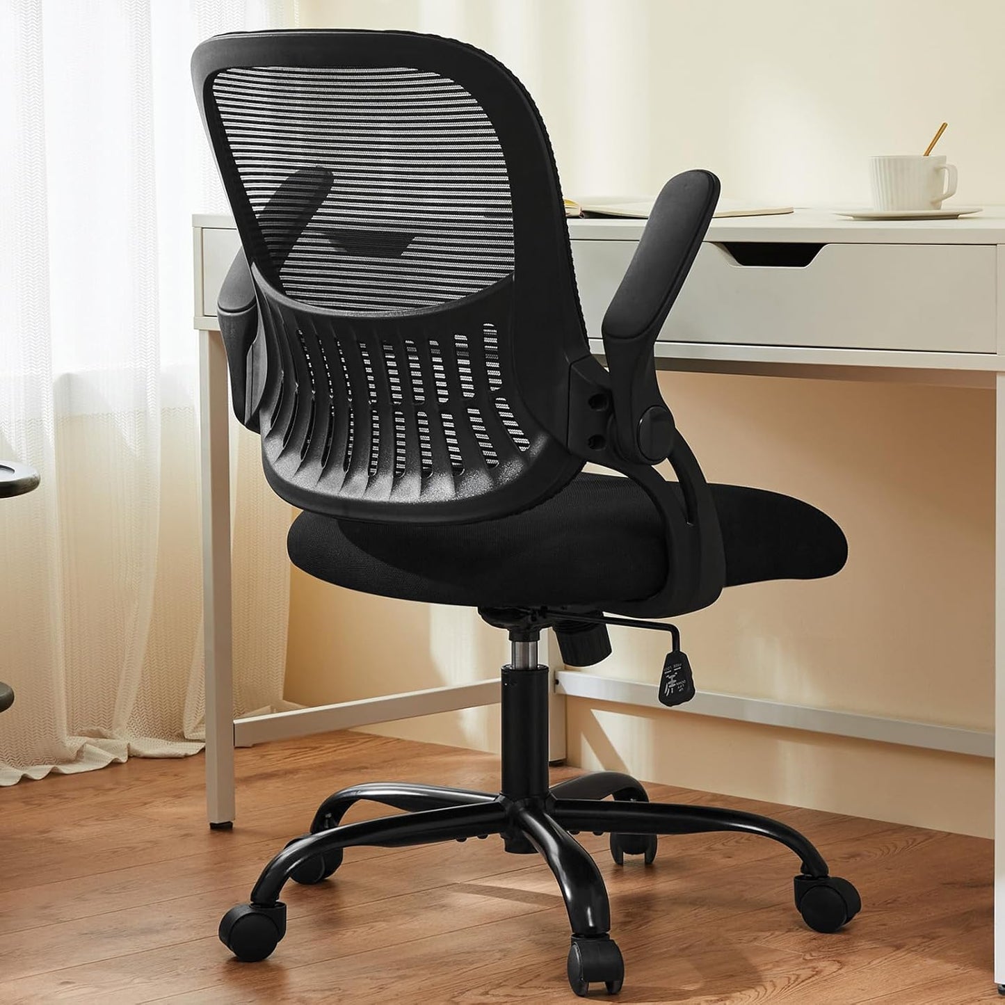Office Computer Desk Chair, Ergonomic Mid-Back Mesh Rolling Work Swivel Task Chairs with Wheels, Comfortable Lumbar Support, Comfy Flip-Up Arms for Home, Bedroom, Study, Student, Black
