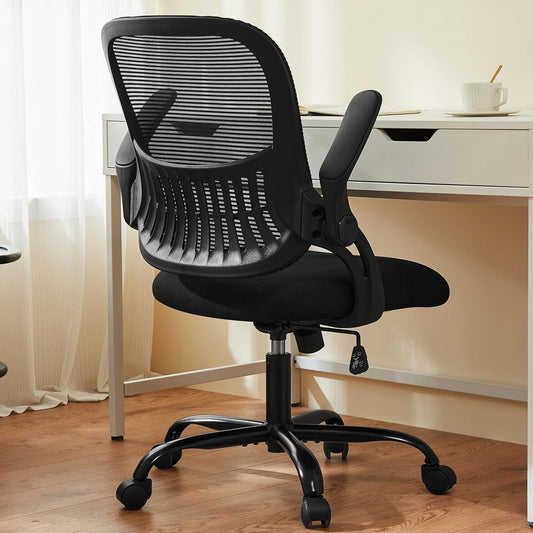 Office Computer Desk Chair, Ergonomic Mid-Back Mesh Rolling Work Swivel Task Chairs with Wheels, Comfortable Lumbar Support, Comfy Flip-Up Arms for Home, Bedroom, Study, Student, Black