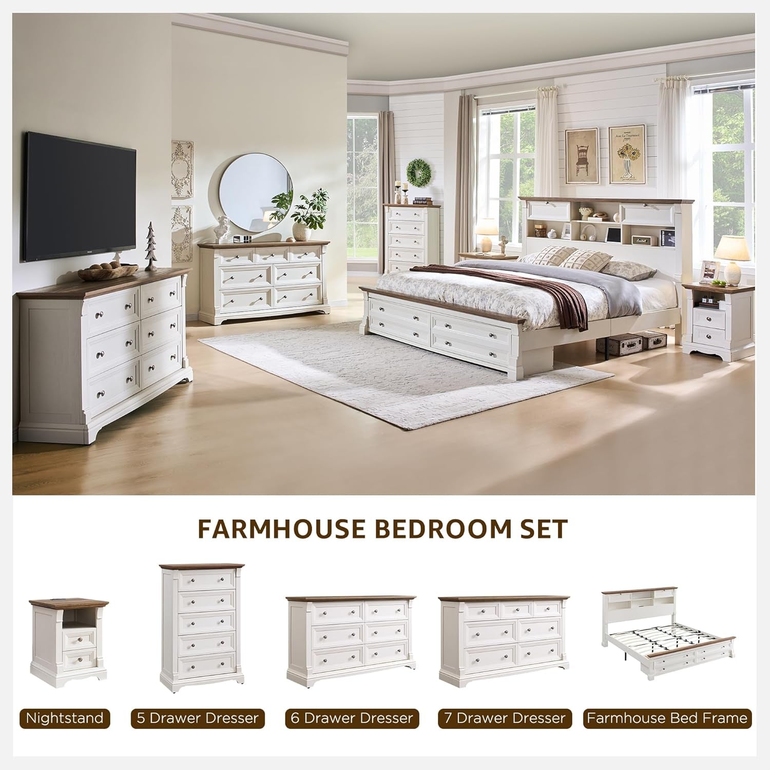 Farmhouse 6 Drawers Dresser for Bedroom, 54" Wide Large Dressers & Chests of Drawers W/Roman Column, Wooden Dresser TV Stand with Large Drawers for Nursery Bedroom Living Room Hallway, Antique White