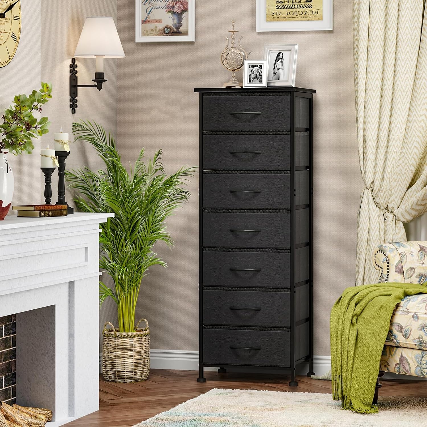 Black Tall Dresser for Bedroom, Storage Dresser Organizer with 7 Fabric Drawers, Nightstand Furniture in Closet, Entryway, Hallway