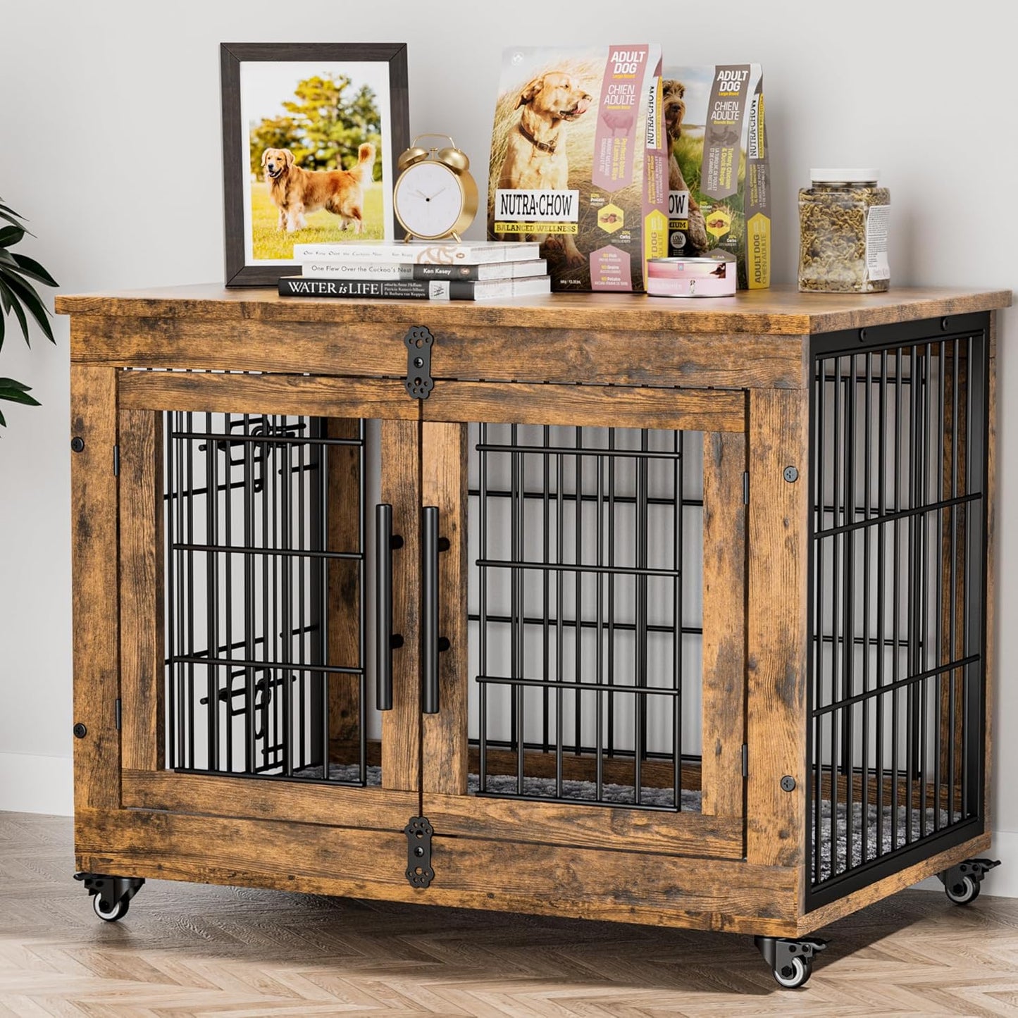 Dog Crate Furniture, Dog Kennel Indoor Double Doors Wooden Dog Cage, 32'' Heavy Duty Dog Crate with Cushion & Wheels, Decorative End Table Pet House Chew-Resistant for Medium/Small, Brown
