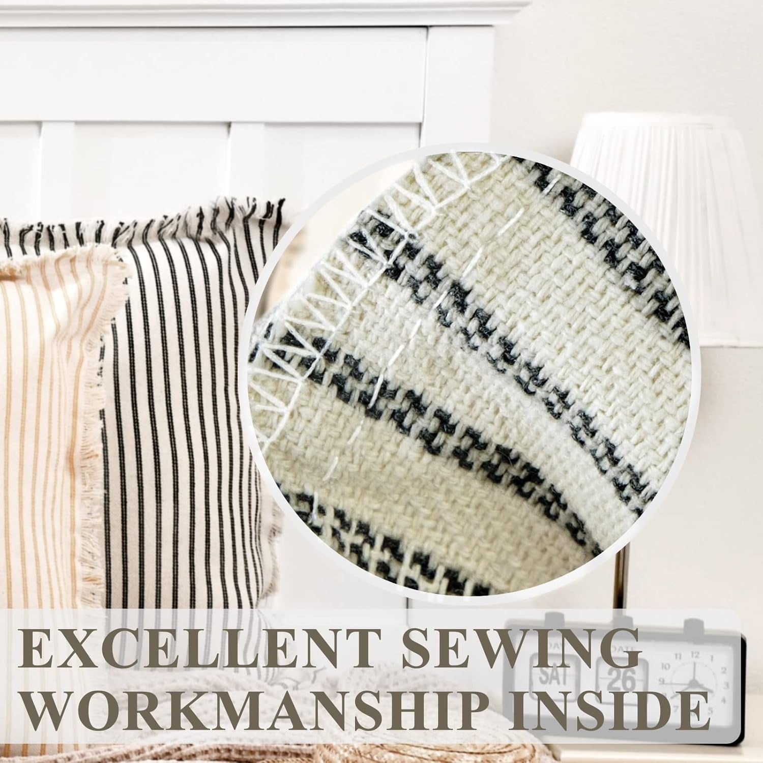 Throw Pillow Covers 18X18 Set of 2 Striped Pillow Covers with Fringe Chic Cotton Decorative Pillows Square Cushion Covers for Sofa Couch Bed Living Room Farmhouse Decor