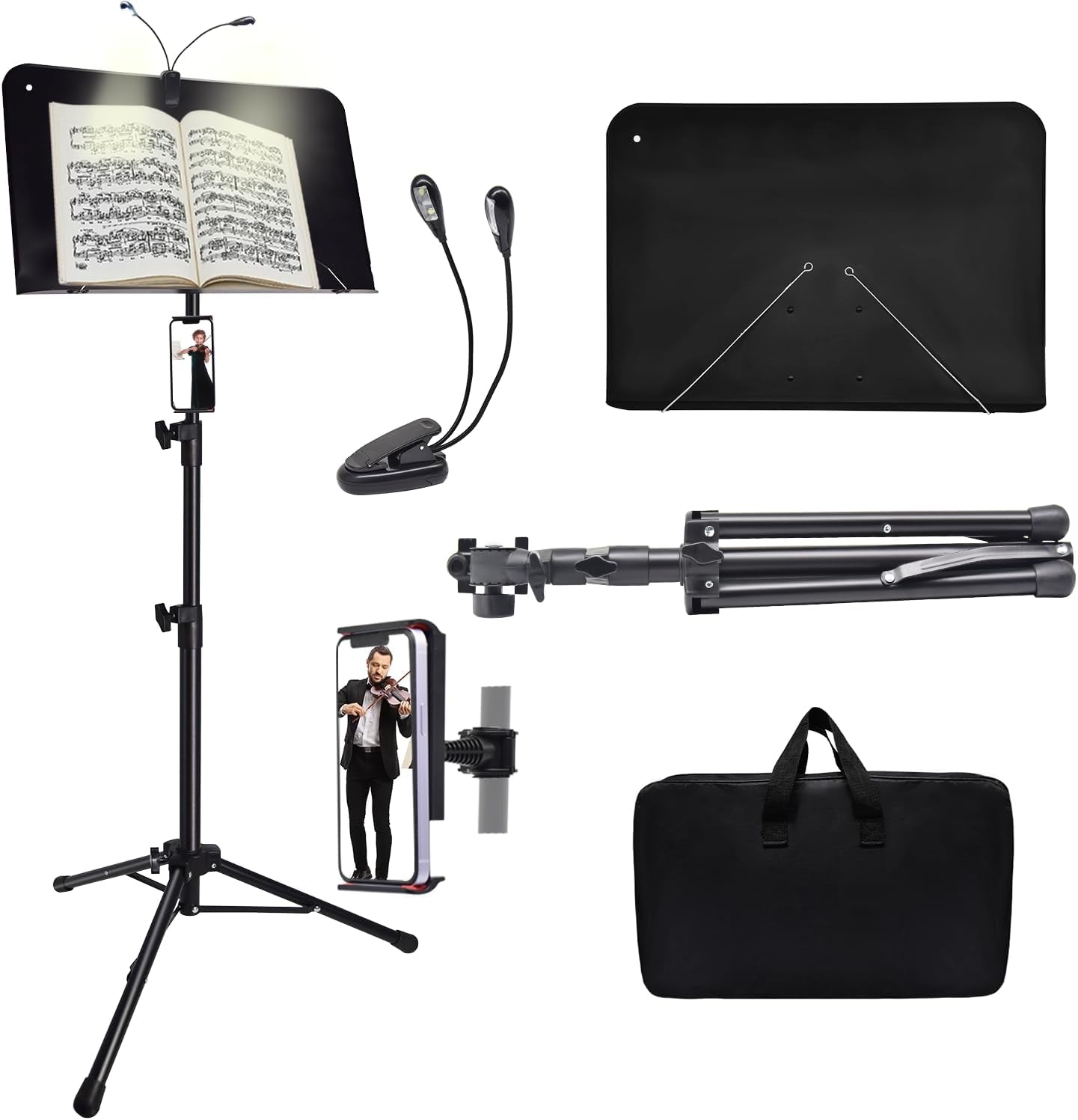 Sheet Music Stand with Light and Phone Holder, 57" Portable Music Stand for Sheet Music High Stability, Height Adjustable Music Stands with Carrying Bag(33-57Inch, Plate without Hole)