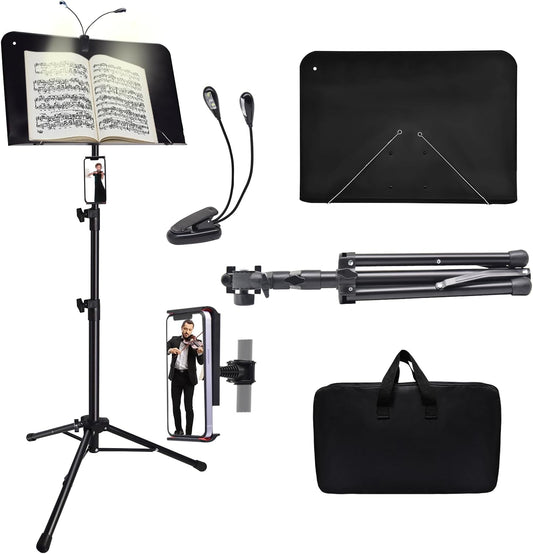 Sheet Music Stand with Light and Phone Holder, 57" Portable Music Stand for Sheet Music High Stability, Height Adjustable Music Stands with Carrying Bag(33-57Inch, Plate without Hole)