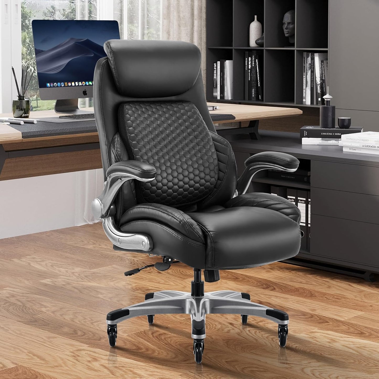 Office Ergonomic Desk High Back Executive Chair with Pop-Out Lumbar Support, Upgraded Casters, Adjustable Headrest, Flip-Up Arms, Leather Home with Thick Cushion for Comfort - Black