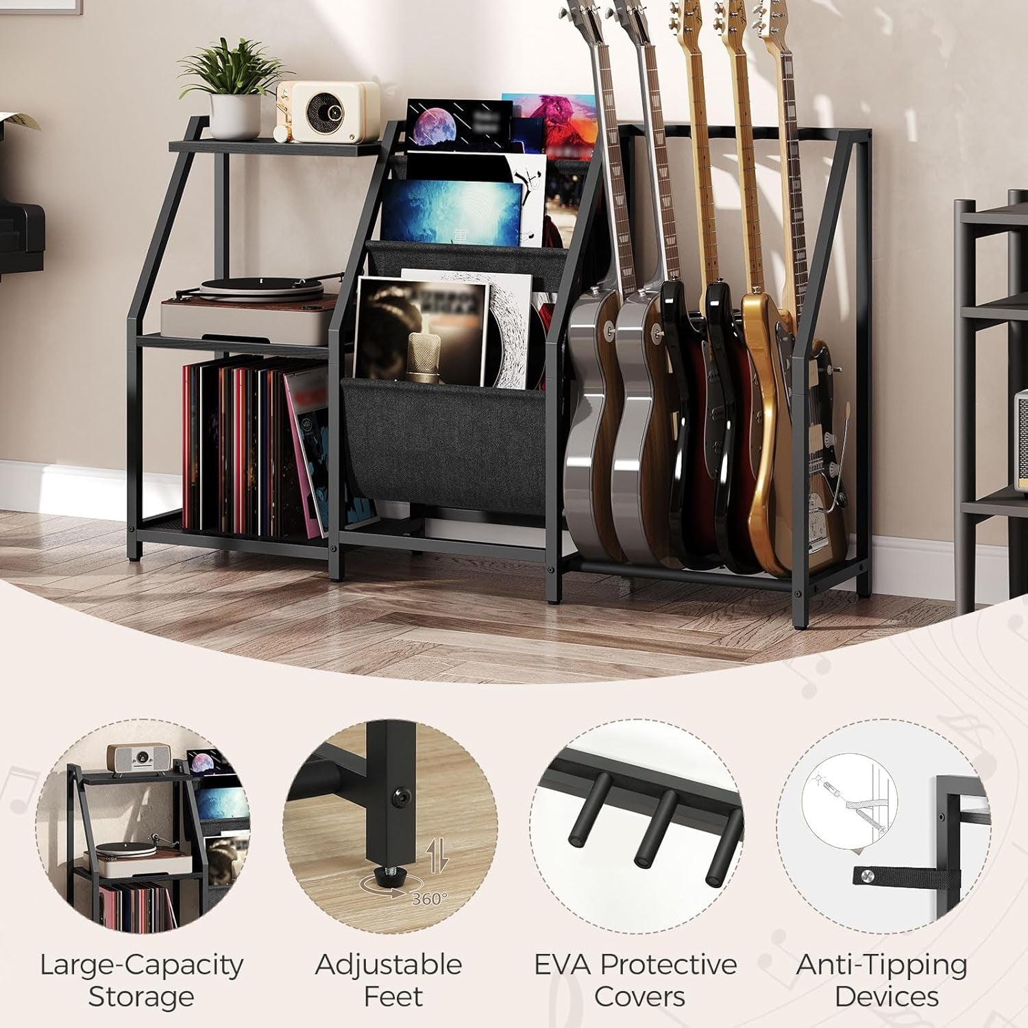 Guitar Stand, Record Player Stand with Storage, for 5 Acoustic Guitar, Bass, Electric Guitar, Ukulele, Banjo, Turntable, Vinyl Records and Amp Accessories, for Music Studios, Black