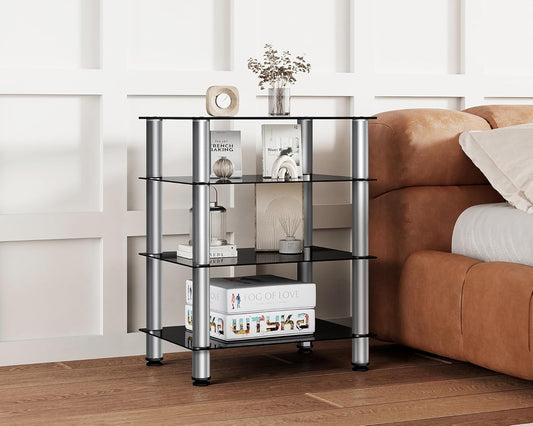 4-Tier Media Stand Audio/Video Component Cabinet with Glass Shelf For/Apple Tv/Xbox One/Ps4 Panda Silver Color