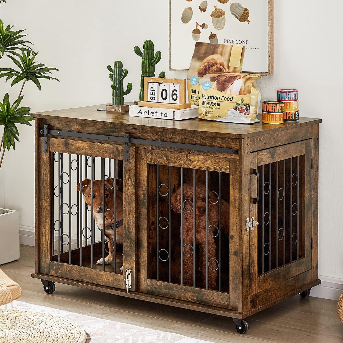 Dog Crate Furniture with Sliding Barn Door, 39" Wooden Dog Kennel End Table with Wheels and Flip-Top Plate Dog House with Detachable Divider for Small/Medium/Large Dog (Rustic Brown)