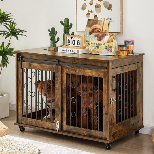 Dog Crate Furniture with Sliding Barn Door, 39" Wooden Dog Kennel End Table with Wheels and Flip-Top Plate Dog House with Detachable Divider for Small/Medium/Large Dog (Rustic Brown)