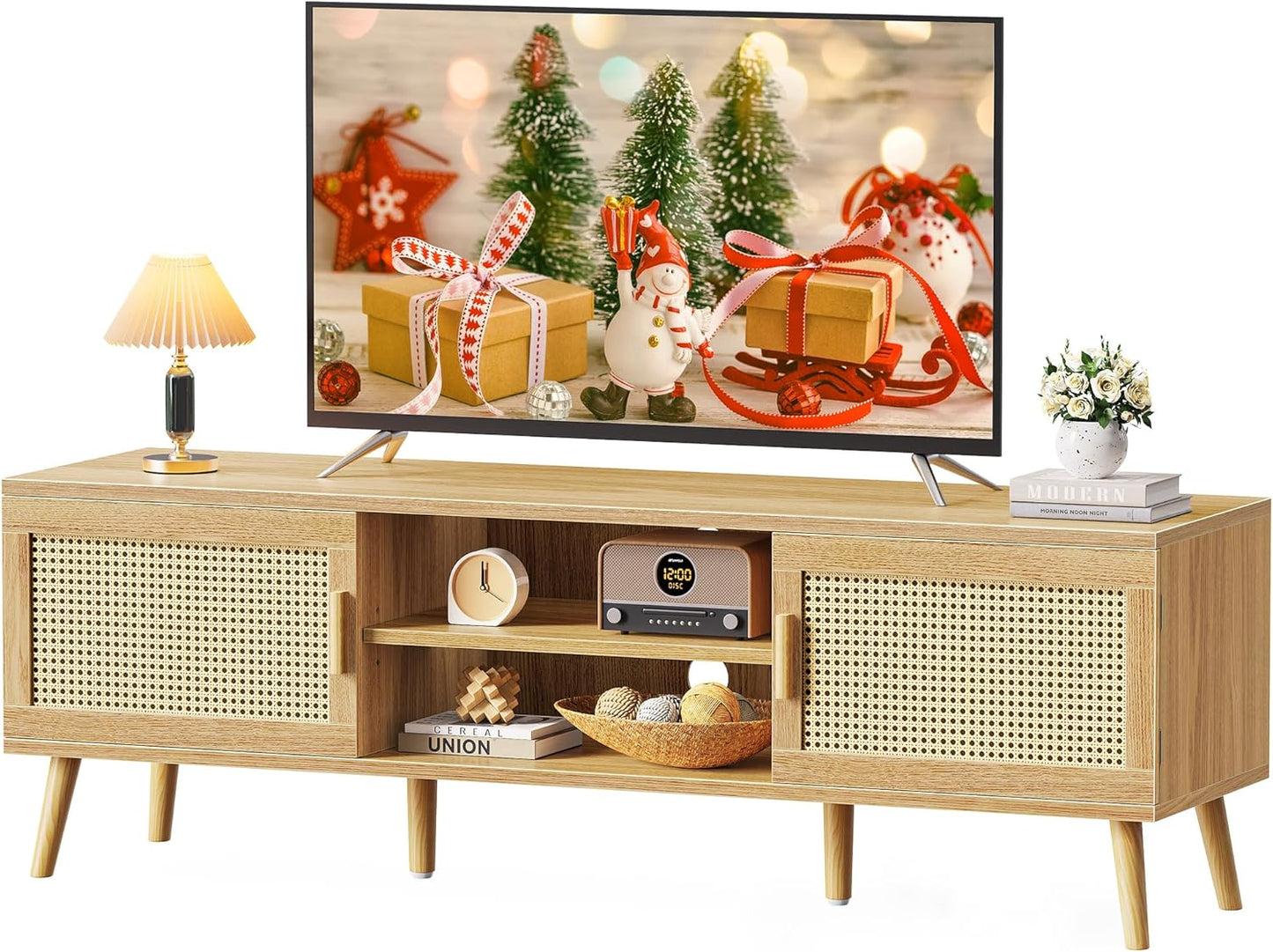 Boho TV Stand for 65 Inch TV, Entertainment Center with Adjustable Shelf, Rattan TV Console with 2 Cabinets, Media Console, Solid Wood Feet, 4 Cord Holes, for Living Room - Natural