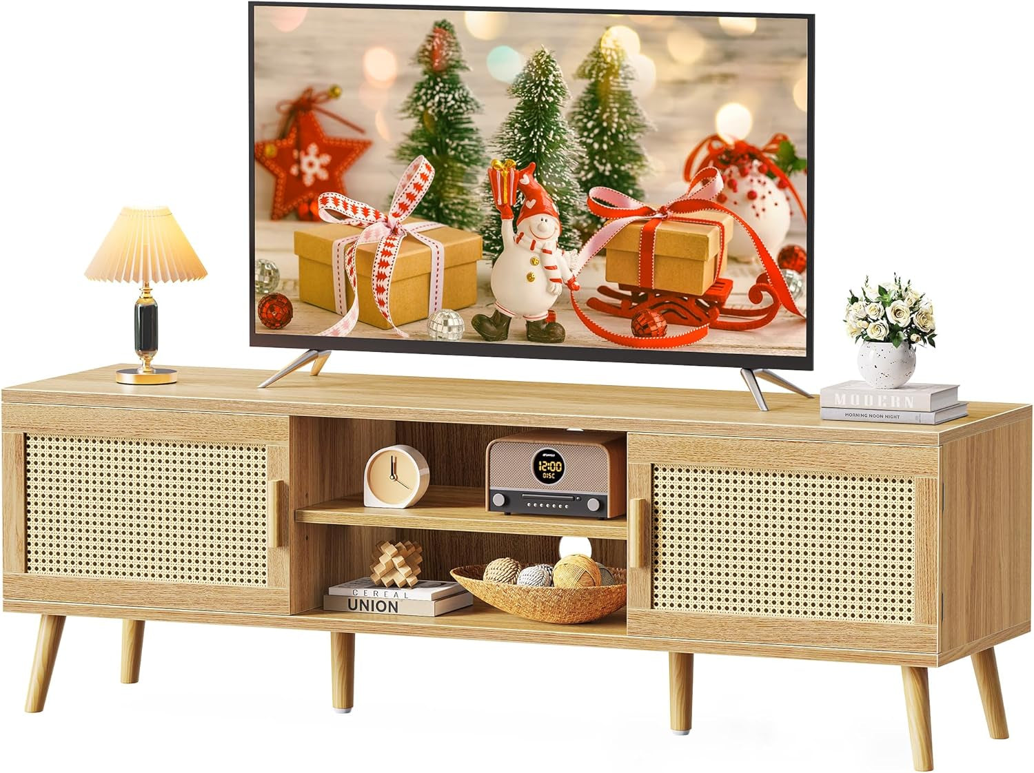 Boho TV Stand for 65 Inch TV, Entertainment Center with Adjustable Shelf, Rattan TV Console with 2 Cabinets, Media Console, Solid Wood Feet, 4 Cord Holes, for Living Room - Natural