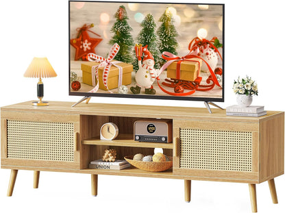 Boho TV Stand for 65 Inch TV, Entertainment Center with Adjustable Shelf, Rattan TV Console with 2 Cabinets, Media Console, Solid Wood Feet, 4 Cord Holes, for Living Room - Natural