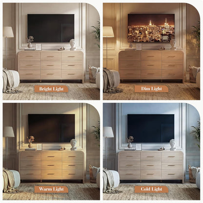 Curved 9-Drawer Dresser for Bedroom, 63" Wide Modern Chest of Drawers, Vanity Desk TV Stand for Living Room, Closet Storage Drawers Organizer Furniture, Nursery, Hallway, Oak