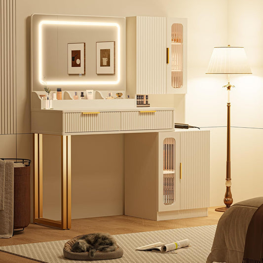 45" Modern Makeup Vanity Desk with Mirror and Lights, Makeup Vanity with 5 Shelves& 2 Drawers and Cabinet, Vanity Table with Power Outlet, 3 Color Adjustable Lighting Dressing Table Set for Bedroom